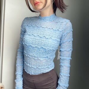 Free People ‘Angelina’ Blissful Blue Lace Textured Mock Neck Bodysuit